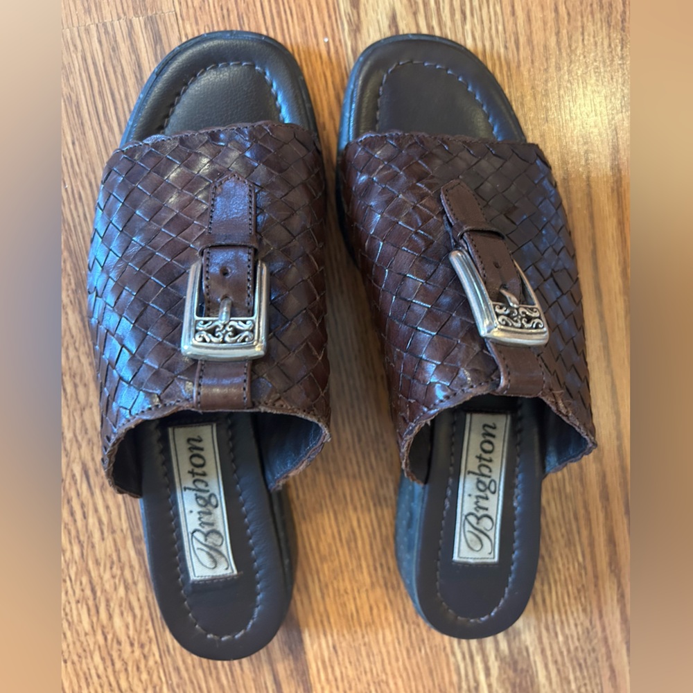 Brighton Vintage Brown Woven Leather Buckle Slide Sandals Made in Brazil